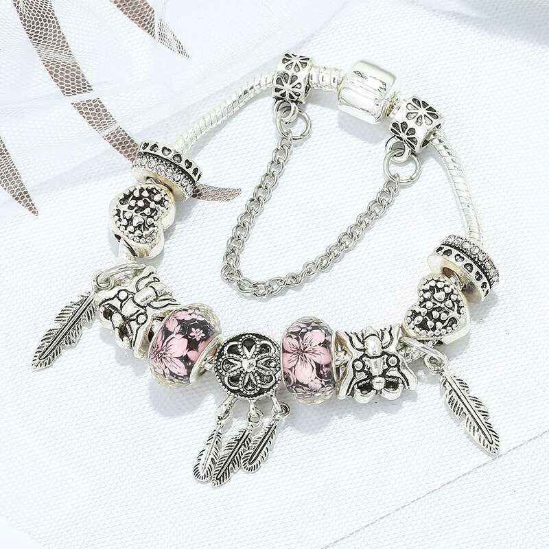 Silver Plated Noble Feather Butterfly Beads Charm Bracelets & Bangle Fit Original DIY Bracelet For Women Men Jewelry Gift
