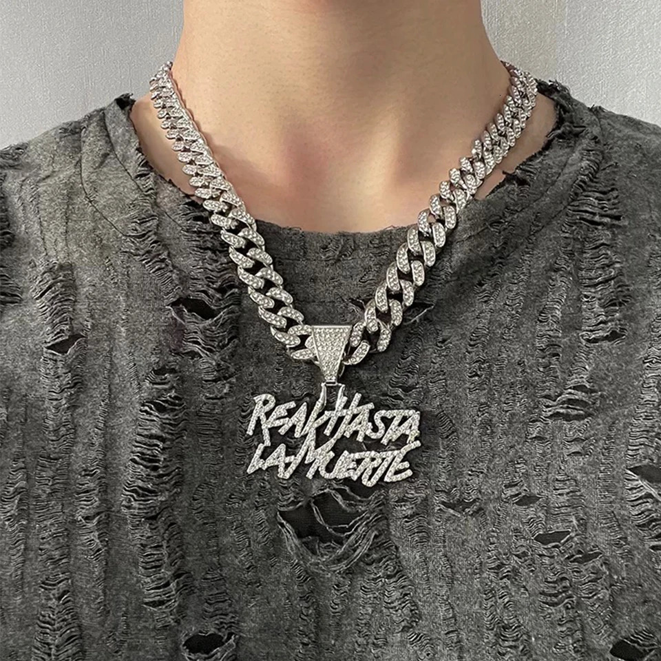 ZAKOL Hip Hop Letter Pendant Necklace for Women Men Shiny Rhinestones 13MM Cuban Chain Necklaces Fashion Jewelry Gifts 250320
