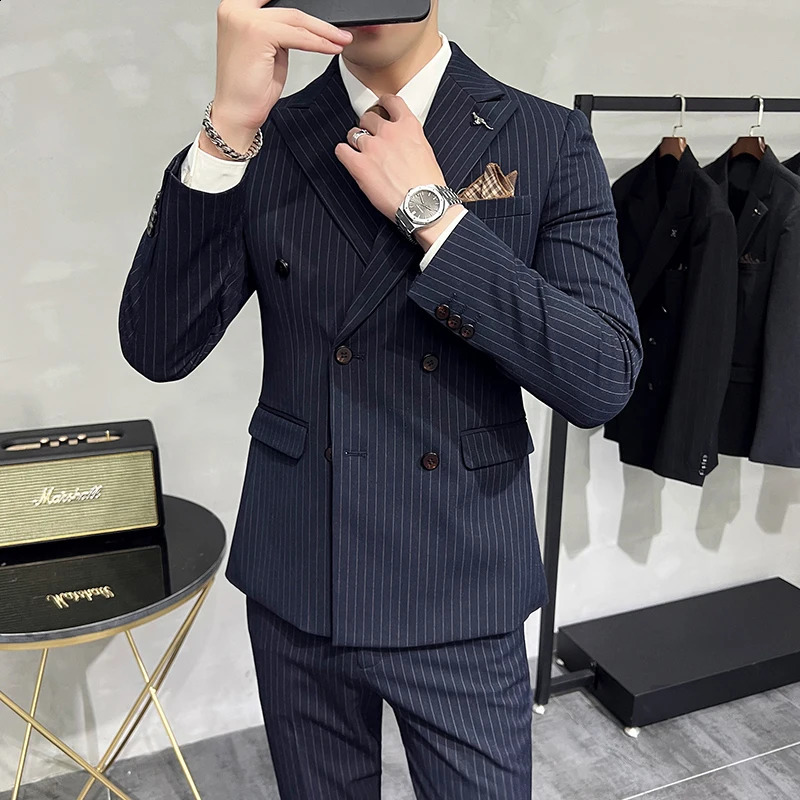 High quality striped set with double chest setvestmens fashionable solid color slim fit Korean style fashion three piece 250311
