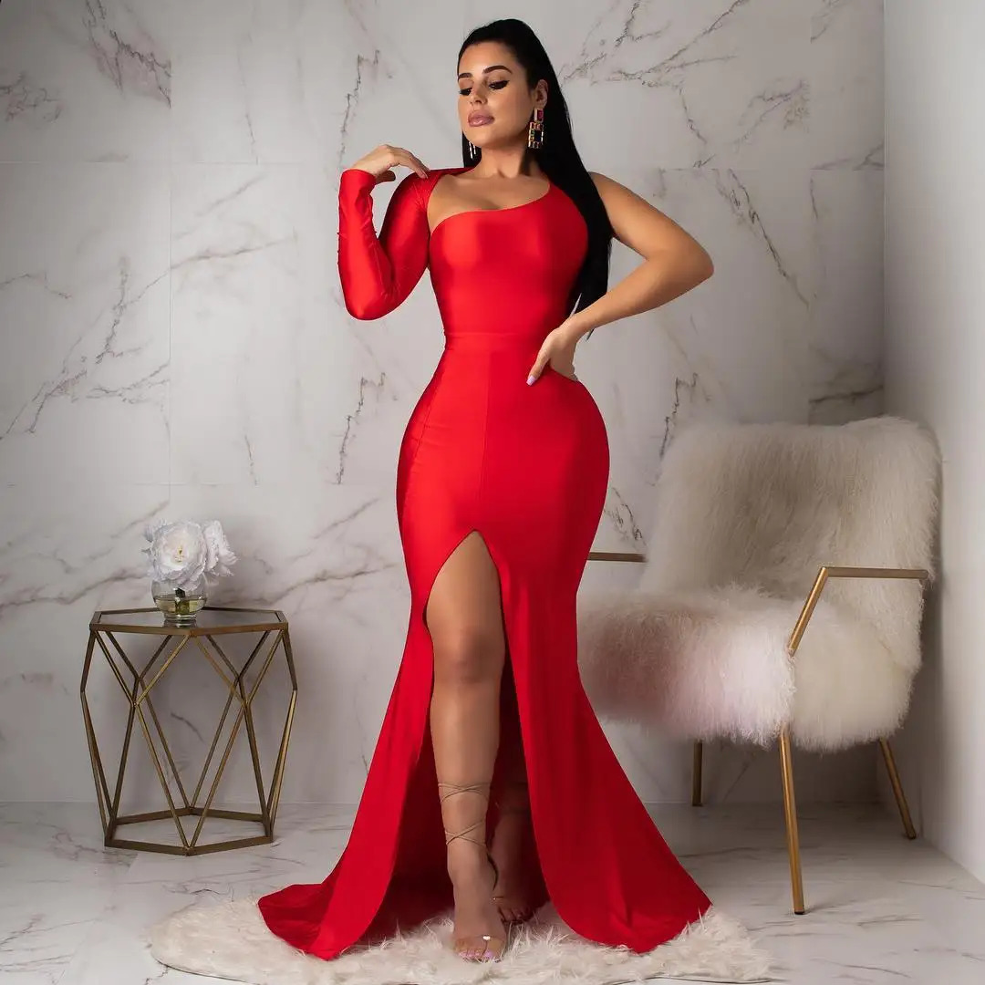 Spring Fall Longuette Long-sleeved Elastic Force Single Sleeve Slim Long Womens Dress 250314