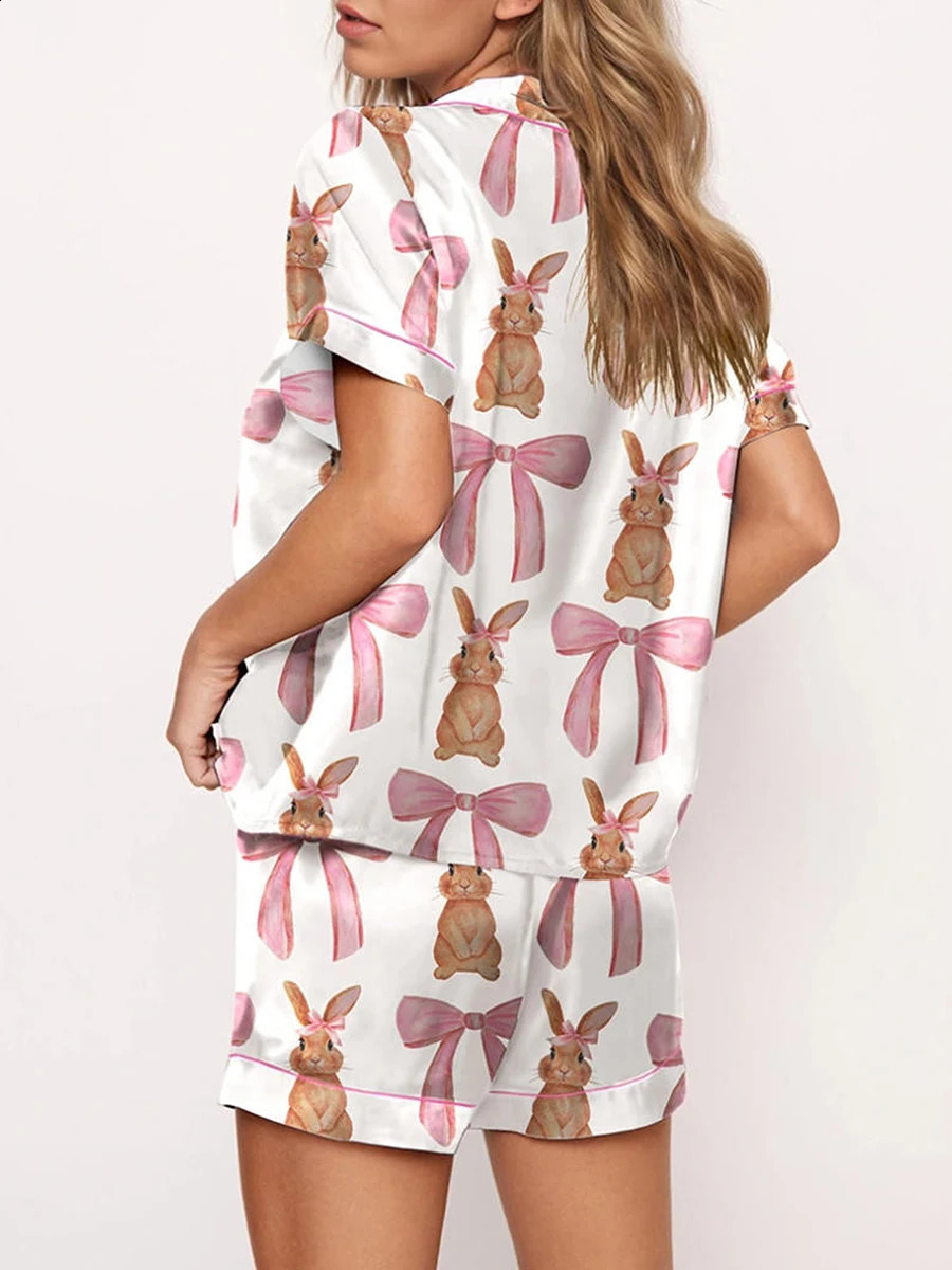 Women 2 Piece Lounge Set Pajamas Short SlEEve Lapel Cute Bow Print Button Up Shirt Tops Loose Shorts Set for SlEEpwear Pjs 250319