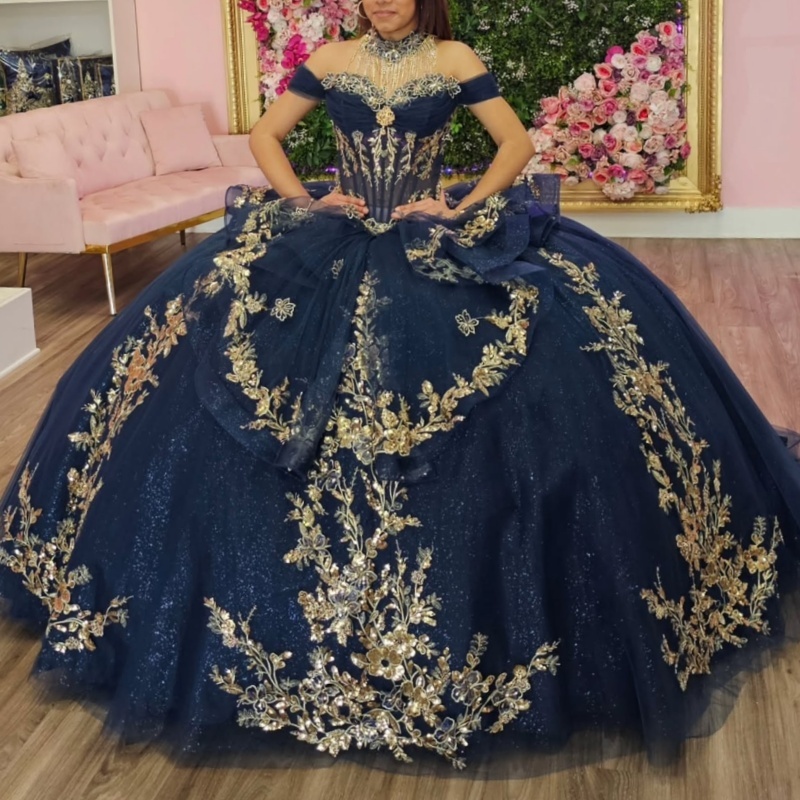 Navy Blue Shiny Off Shoulder Quinceanera Dresses Gold Applique Lace Beads Bow Tull Party Birthday Sweet 16 Dress Vestidos 15 De Anos