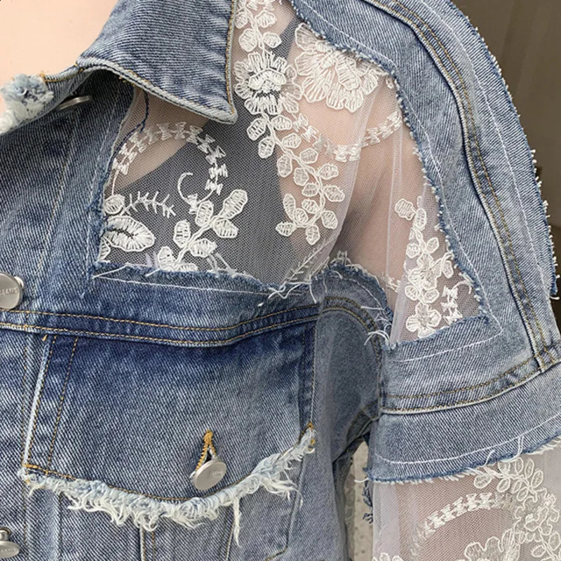 #3102 Spring Spliced Lace Short Jeans Jackets Womens Coat Loose Perspective Denim Jacket Women Long Sleeves Sexy Hollow Out 250319