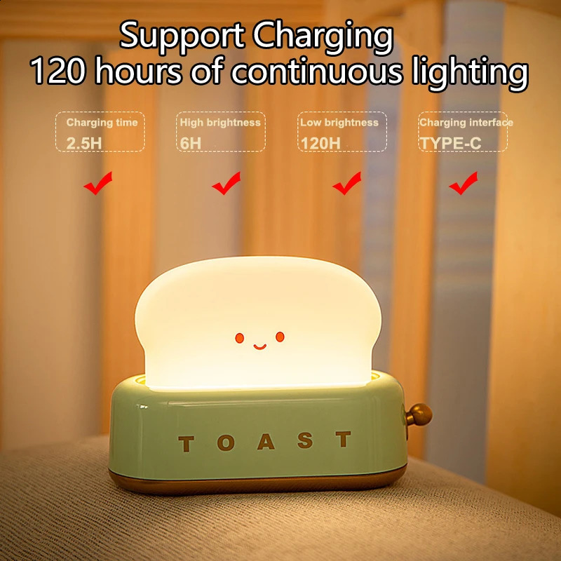 Bread Toast Table Light Toaster Nightlight Creative USB Rechargeable Led Lamp Decor Holiday Baby Bedroom For Birthday Gift 250319