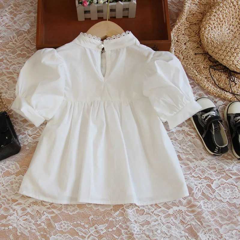 Girl Summer White Shirt Cotton Korean Lace Collar Top Preschool Fashion Childrens Short sleeved T-shirt 4 8 12 14 16T250320