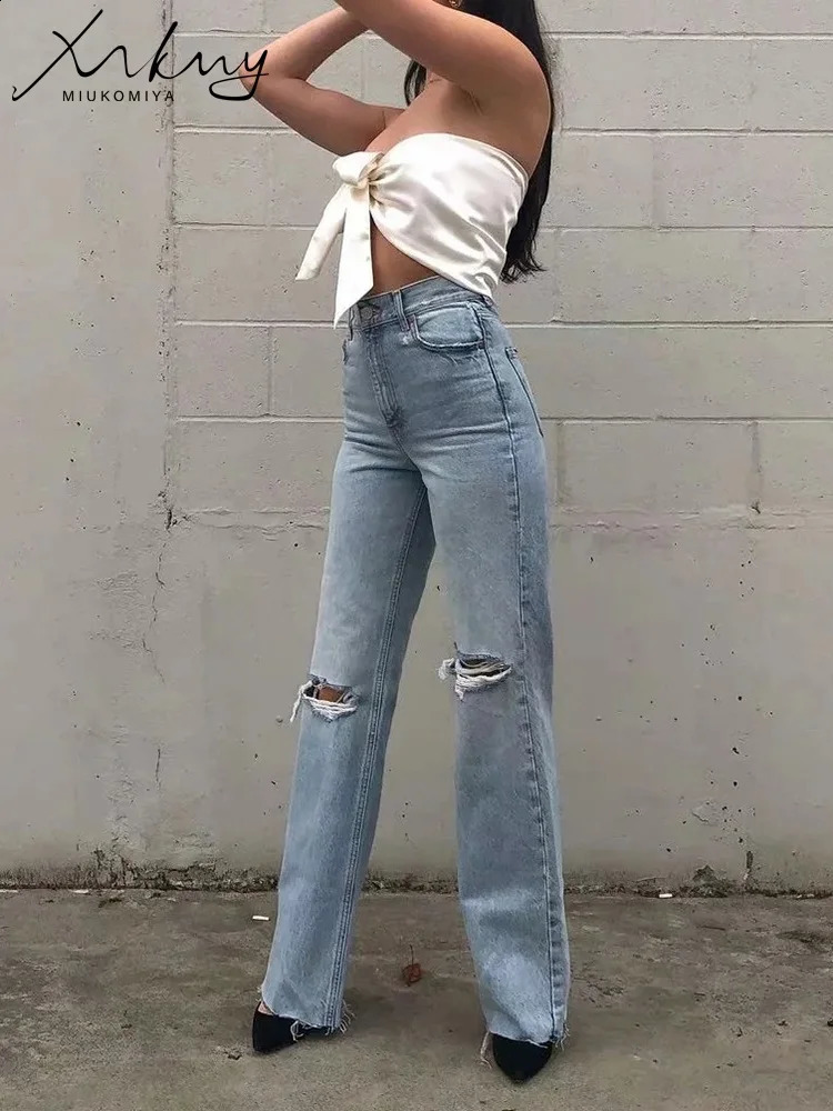 MiuKoMiYa Ripped Jeans For Women Streetwear Straight Denim Pants High Waist Long Denim Trousers Women Hollow Out Jeans 250314