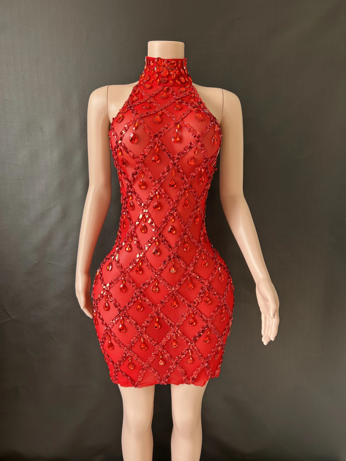 Women Sexy Stage Shining Rhinestone Sequins Dress Evening Prom Birthday Dress Transparent Performance Singer Club Host Dress 7G 250319