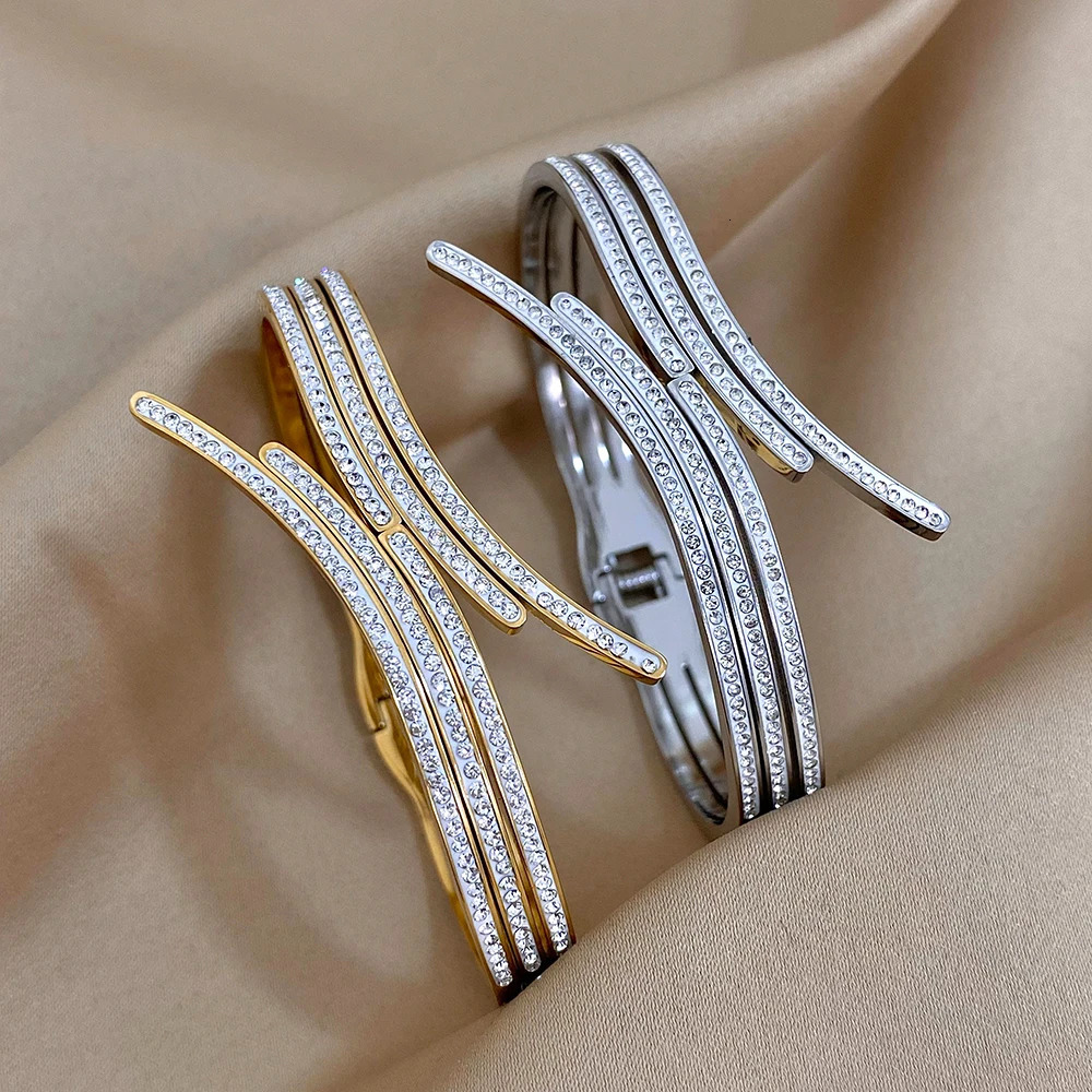 Greatera Rhinestone Charm Stainless Steel Bangles Cuff Bracelet for Women Geometric Irregular Gold Plated Party Jewelry 250320