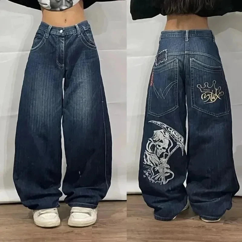 American Y2K Fashion Trend Hip Hop Print Straight Jeans Women Street Casual Loose Mopping Wide-leg Pants Couple Joker Jeans 250319