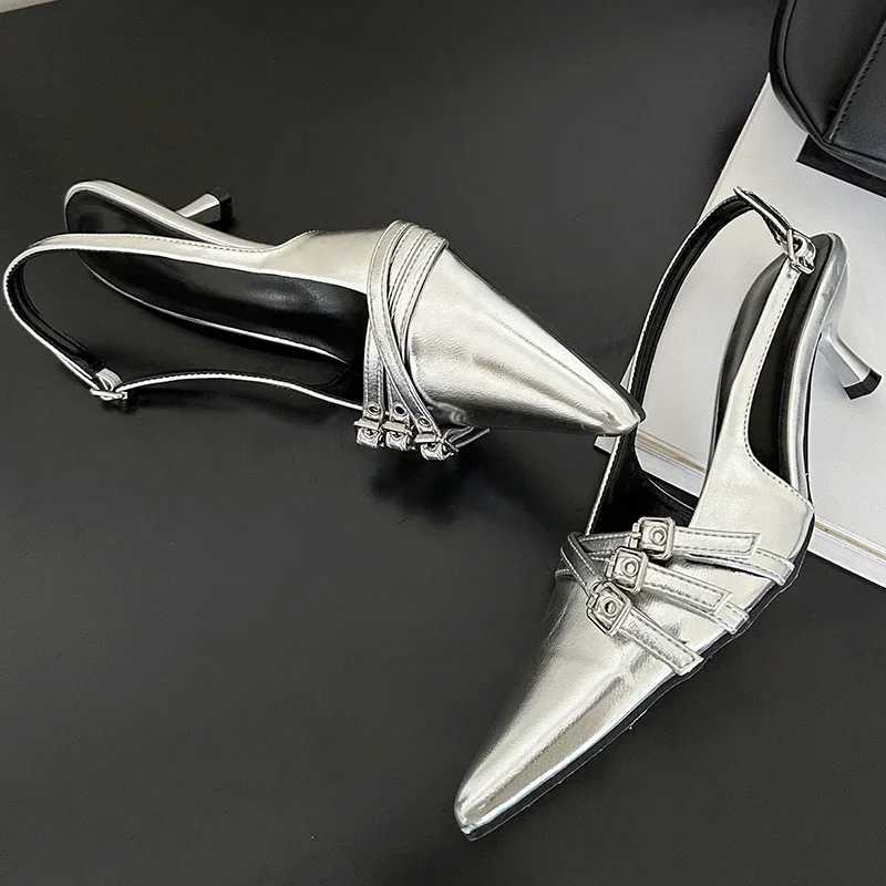 Summer New Women Fashion Sexy Party Punk Goth Pointed Toe High Heel Shoes Woman Leather Pu Footwear Buckle Strap SandalsC250319