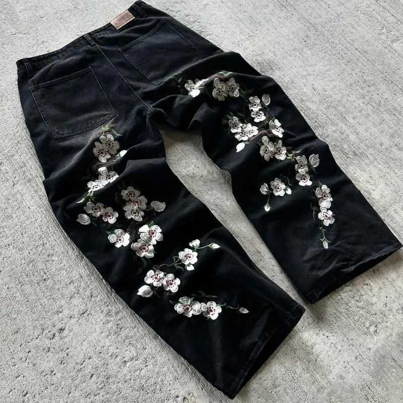 Y2K bagged jeans Harajuku retro cherry blossom embroidered high-quality street jeans hip-hop gothic mens wide leg jeansT250319