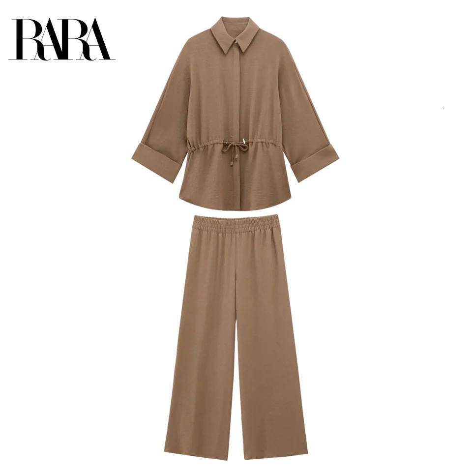 RARA 2025 Womens Collar Roll Upper Sleeve Shirt with Brushed Waist and Matching Elasticity Width Leg Pants Set 250320