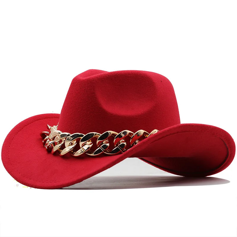Men Women Western Cowboy Hat With gold chain Wide Brim Hat Pop Jazz Hat Winter Wool Hat Size 56-58CM 250320