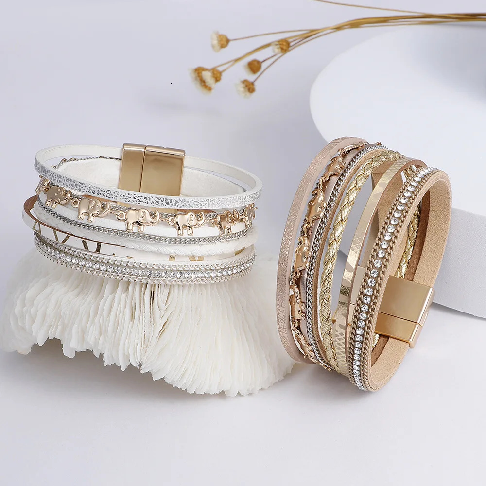 Fashion Elephant Pendant Hand-woven Leather Bracelet Ladies Ins Style with Rhinestone Magnet Clasp Bracelet 250320