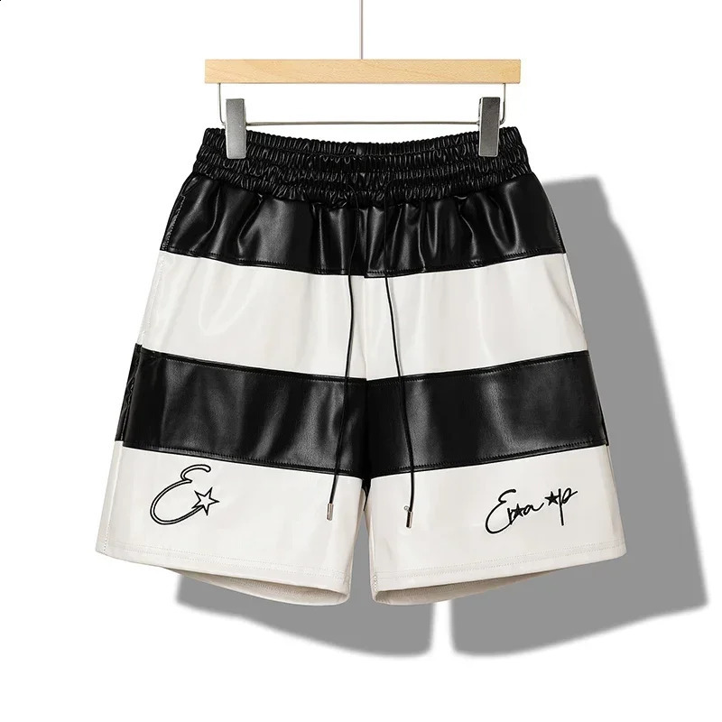 Stripe Pu Leather Drawstring Shorts Polo Shirt Sets Men Women High Quality Black Red Purple Casual Loose Holiday Beach Surf Suit 250318