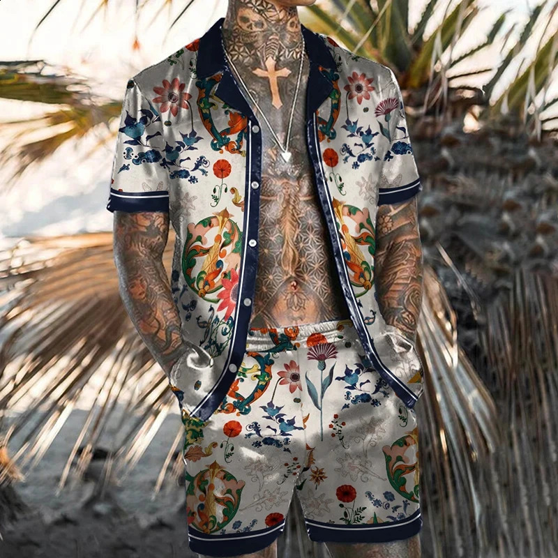 Men Shirt Sets 3d Print Retro Ethnic Style Floral Short Sleeve Casual Oversized Beach Shorts Summer Streetwear Hawaiian Suits 250319