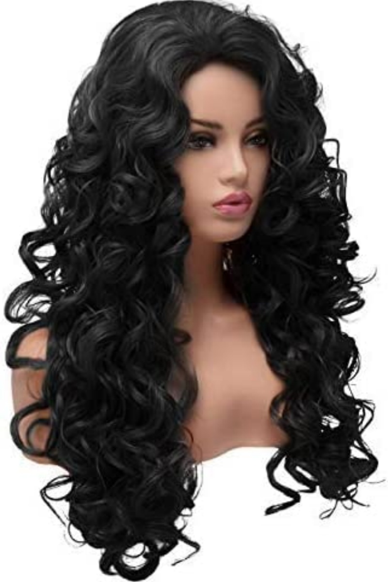 Long Black Curly Costume Wig Styled Halloween 80s Wigs for Women Full Head Cosplay Costume Hairpiece (Natural Black)