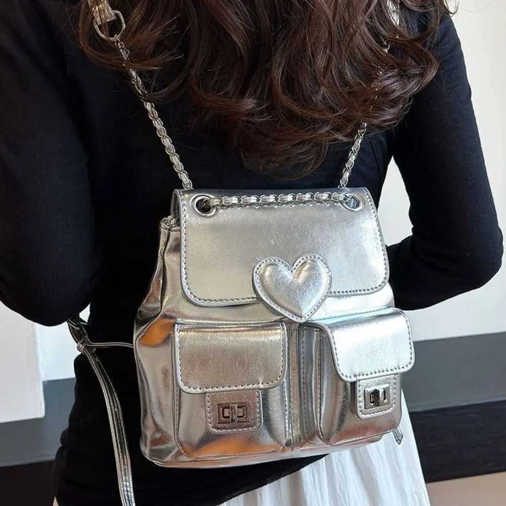 Cute Silver Backpack Chain Heart Bookbag Large Capacity Solid Color Daypack Y250319