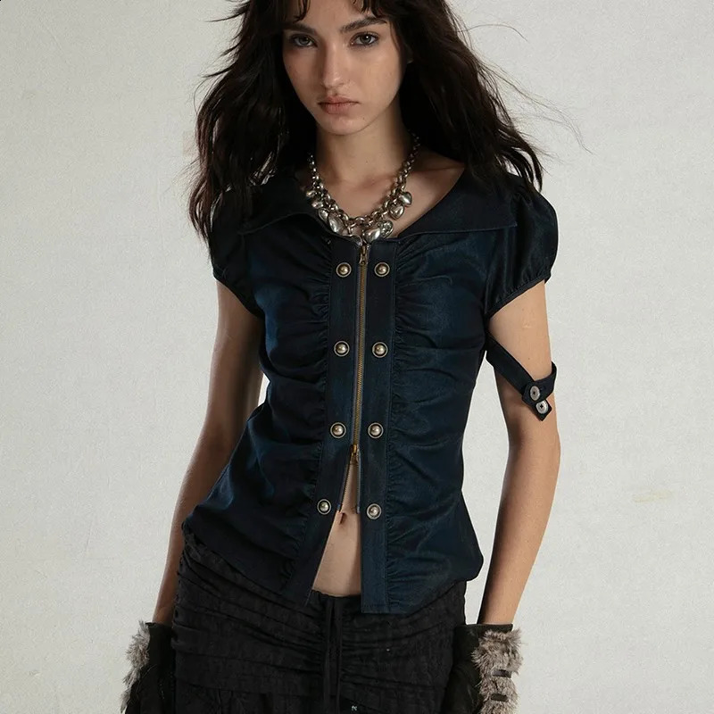Karrcat Grunge Aesthetics Zipper T-shirt Trashy Y2k Irregular Tops Vintage Punk Short Sleeve Tee Shirt American Retro 250319