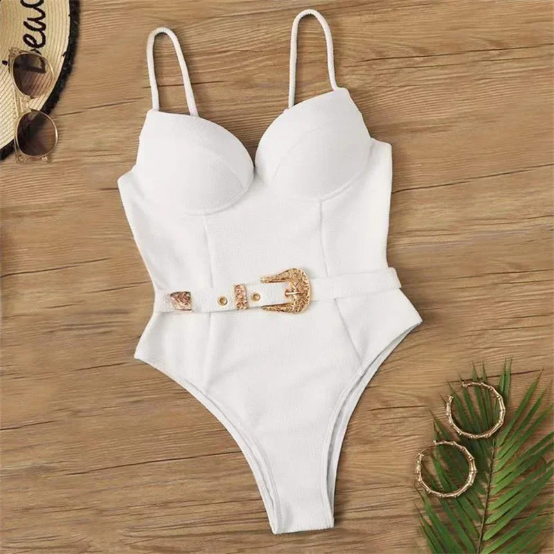 Sexy Push Up Underwire Swimwear Women Solid White Black Padded Buckle One Piece Swimsuit Beach Bathing Suit Bodysuit Monokini 250319