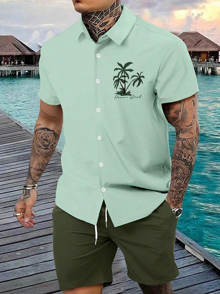 Mens Hawaiian Short Sleeve Shirt And Athletic Shorts Set Outdoor Beach Mens Casual Shirt Summer Comfort Mens Beach Shorts 250319