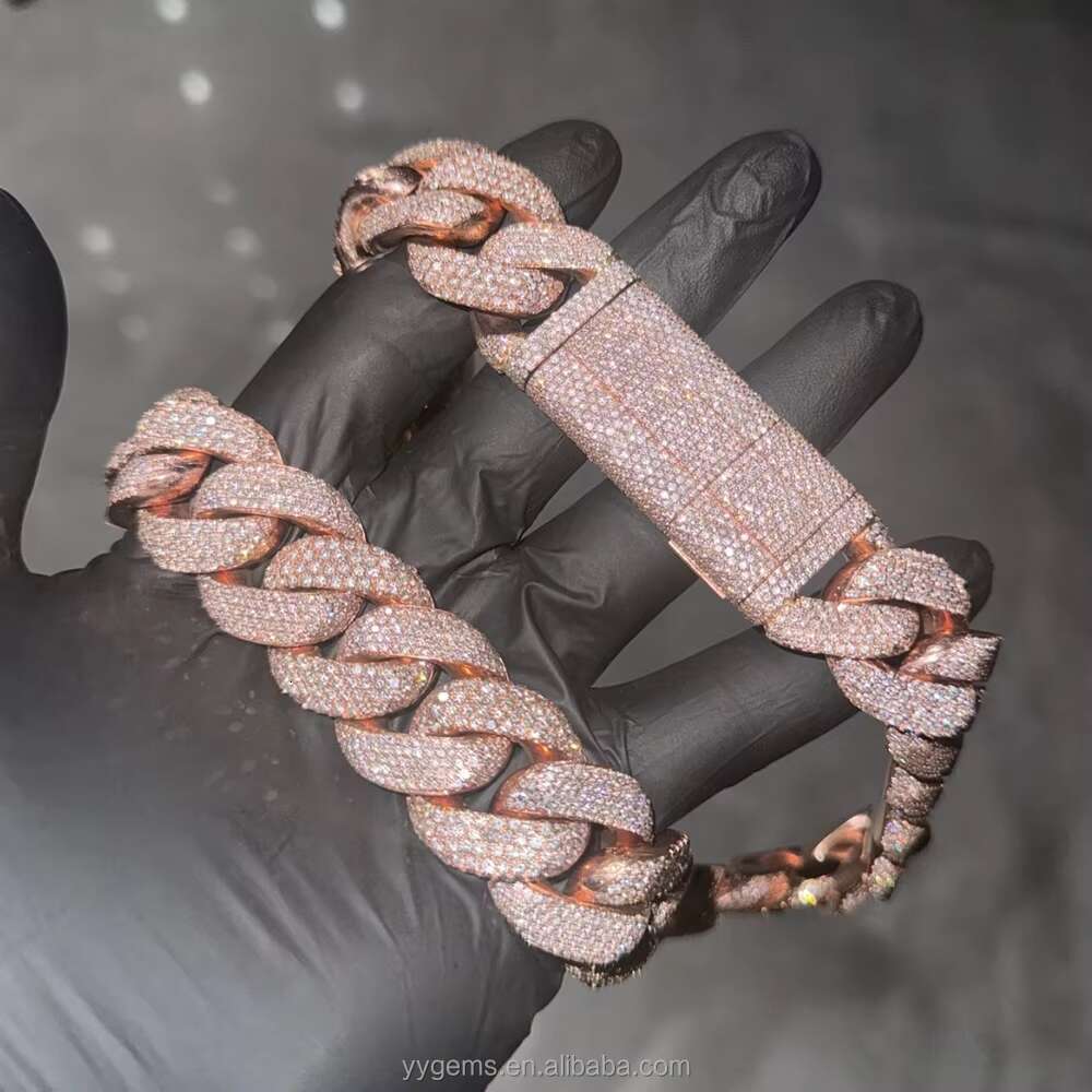 Yu Ying heavy 20mm 22mm men's fully chilled moissanite rose gold and sier Cuban chain necklace hip-hop accessory