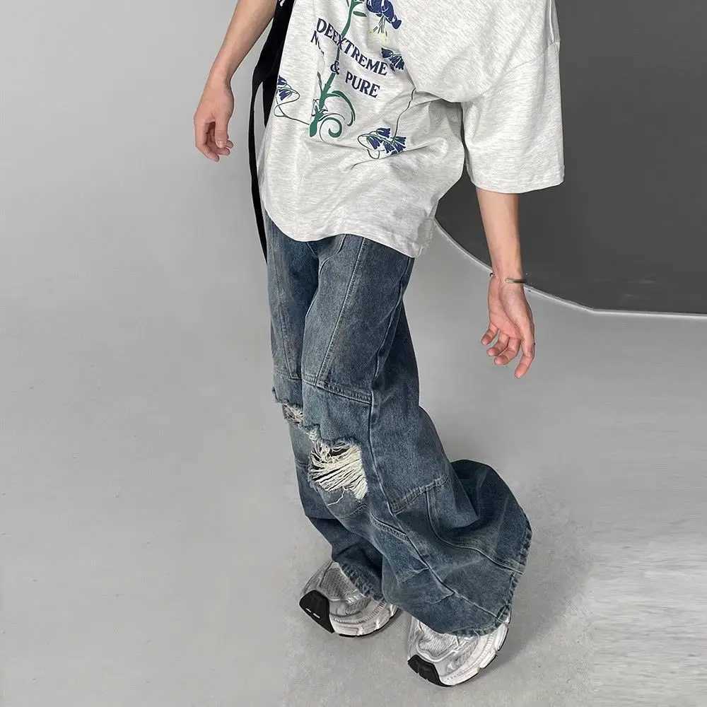 High Street Hip Hop Mens and Womens Fashion Personality Destruction Jeans Couple Loose Laundry Retro Casual Pants y2kT250319