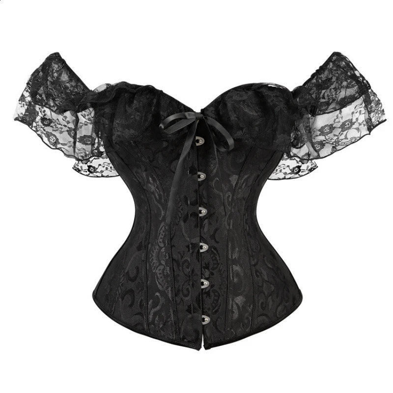 Women Sexy Corset Top Plus Size Vintage Flowers Lace Up Trim With Sleeves Shoulder Bustier Satin Overbust Burlesque Costumes 250319