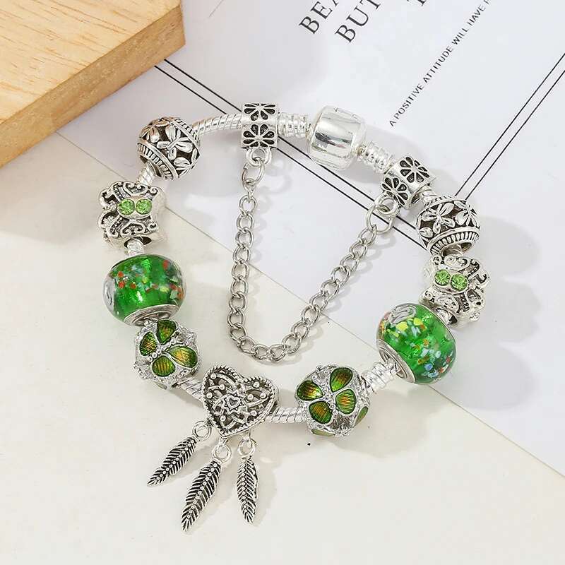 Cryatal Butterfly Pendant Charm Bracelet Female With Green Murano Glass Beads Bracelet For Women Men Jewelry Gift Dropshipping