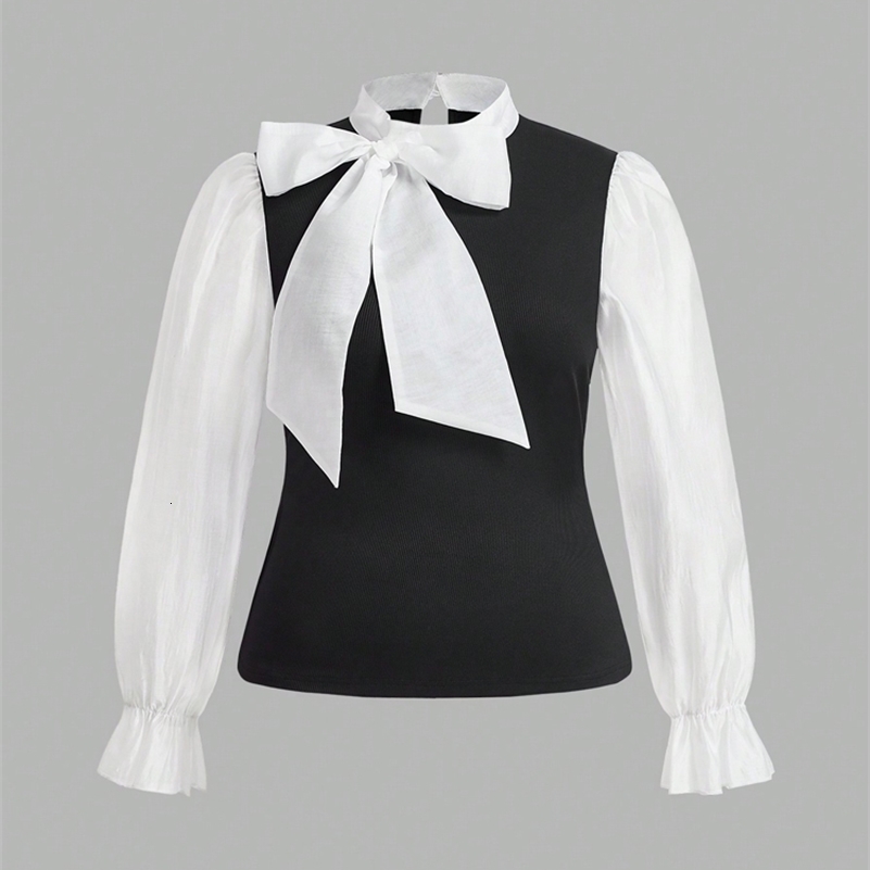 Plus size womens elegant comparison bow long sleeved ALine office shirt business pink black brown spring 250319Z