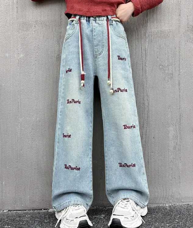 Loose Embroidered Letter Childrens Wide Leg Trouser Casual Elastic Waist Straight Leg Pants Teen Girls Jeans Childrens ClothingT250326