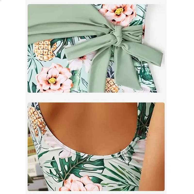 2024 sexy onepiece swimsuit with tropical printed leaf pattern hollow environmentally friendly green womens Hawaiian slim weight loss 250319