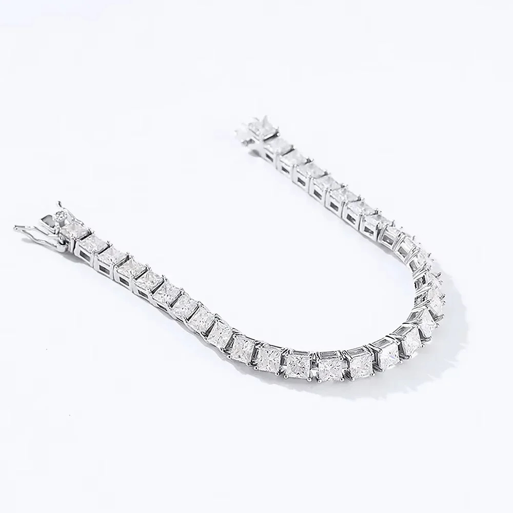 FEOBUR S925 Sterling Silver 4mm Princess Cut Moissanite Tennis Bracelets with Certificates Diamond Bangle for Women GRA Jewelry
