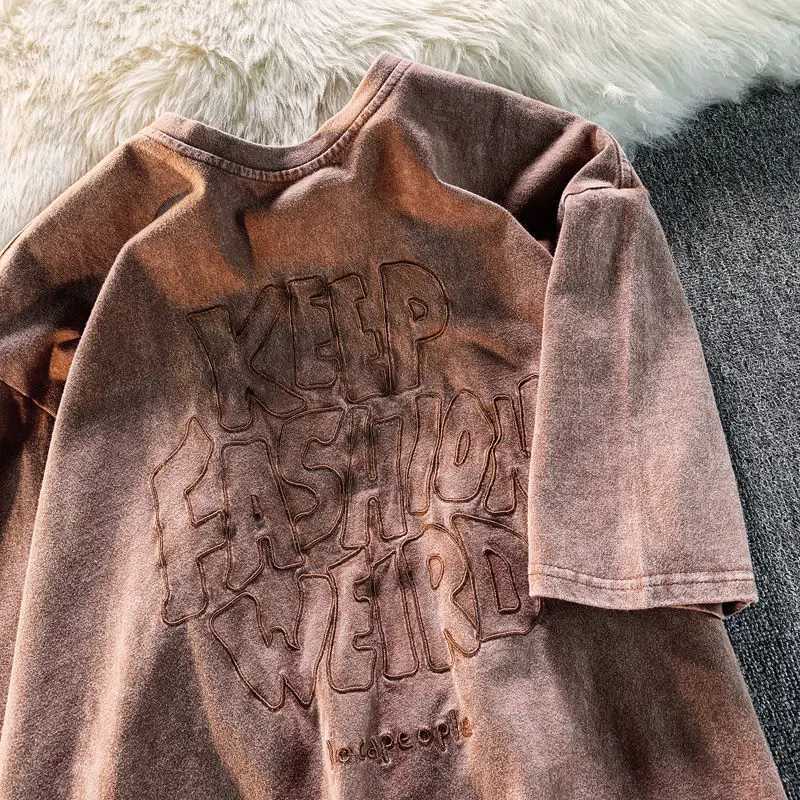 Y2k American chic letter embroidery womens plus size T-shirt street trend cool top 2024 new summer wash black T-shirtT250320