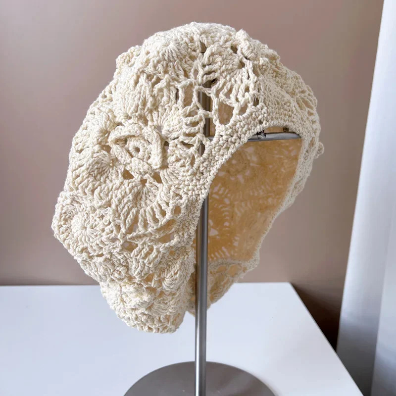 Ancient Hand Crochet Cotton Beanie Beret Women Summer Hollow Breathable Knitted Hat 3D Flower Painter Hat 250320