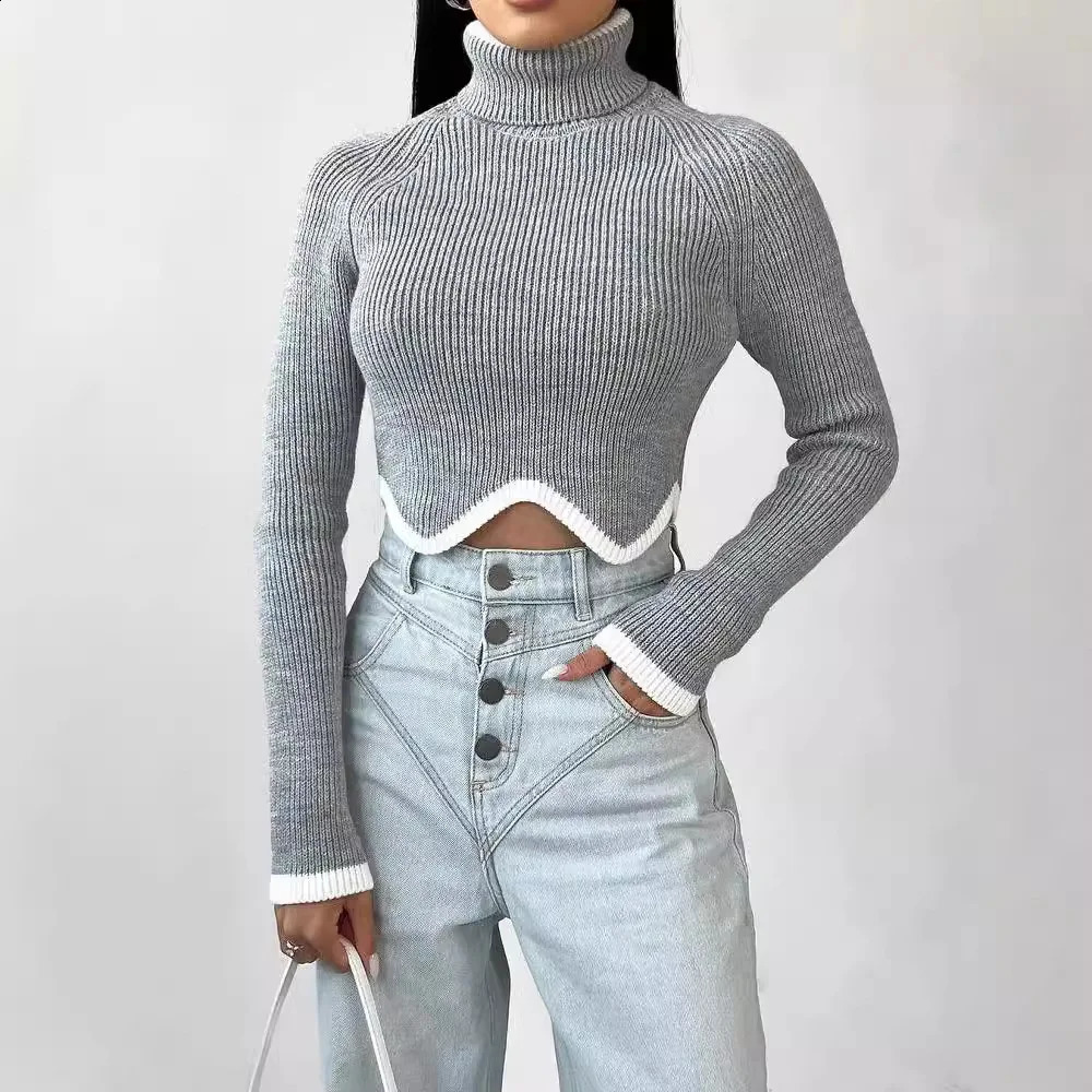 2024 Womens Selling High Collar Irregular Hem Long Sleeve Tight Sweater 250318