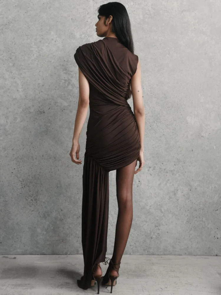 Mozision Irregular Draped Ruched Sexy Mini Dress For Women Elegant Turtleneck Sleeveless High Waist Pleated Club Party Dress 250319