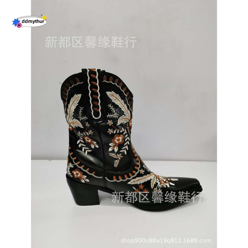 202434-46 Large Thick High Heel Embroidered Sleeve Short Women's Leather Boots X473 ddmythur