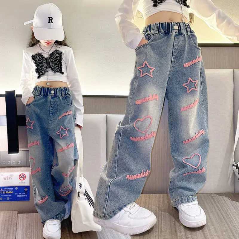 Girls School Wide Leg Pants with Heart Star Design Casual Loose 2024 Kids Fashion Long Jeans Children Korean Style TrousersT250326