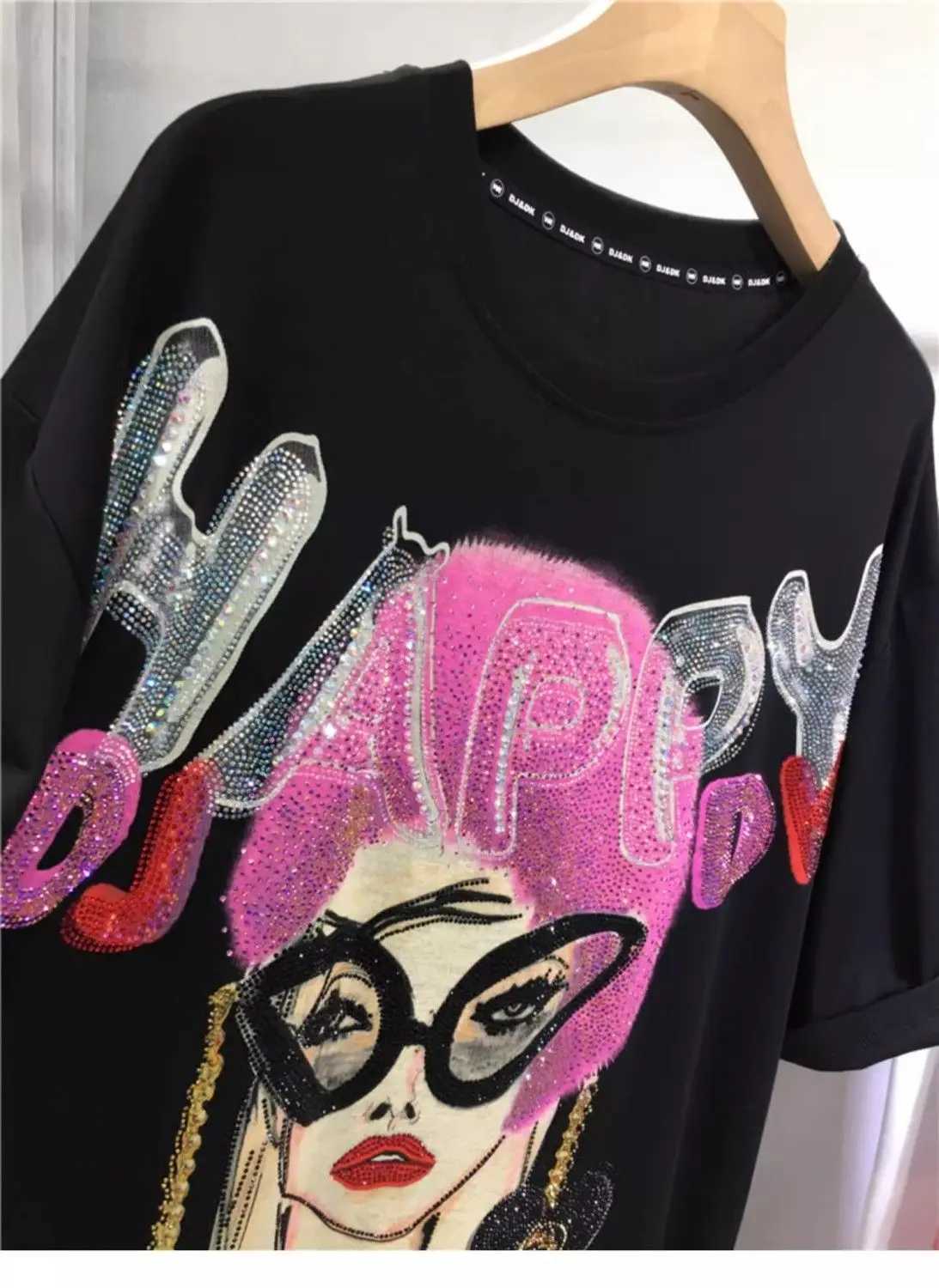 L-4XL Plus Size 150KG Womens Rhinestone T-shirt Summer Printed Womens T-shirt with Large Alphabet Size Large Y2K T-shirtT250320