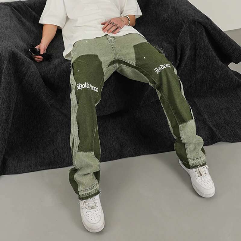 Designer Jeans Vintage Distressed Jeans Niche Design Green Graffiti Men's Horn Jeans Hip-hop Splashed Ink Y2k Street Wear Casual Slim Fit Men