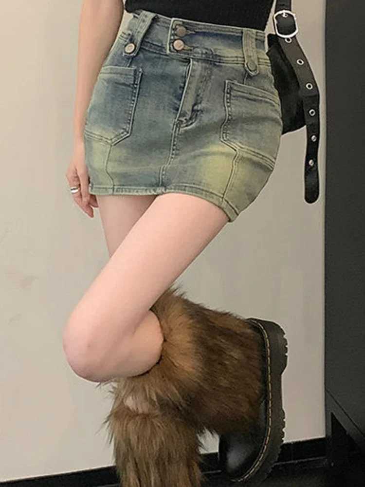 Fe Korean Retro High Waist Baggy Short Skirts Girls Fashion Elastic A Line Denim Dress Woman Large Size Yellow Mini SkirXJ250320