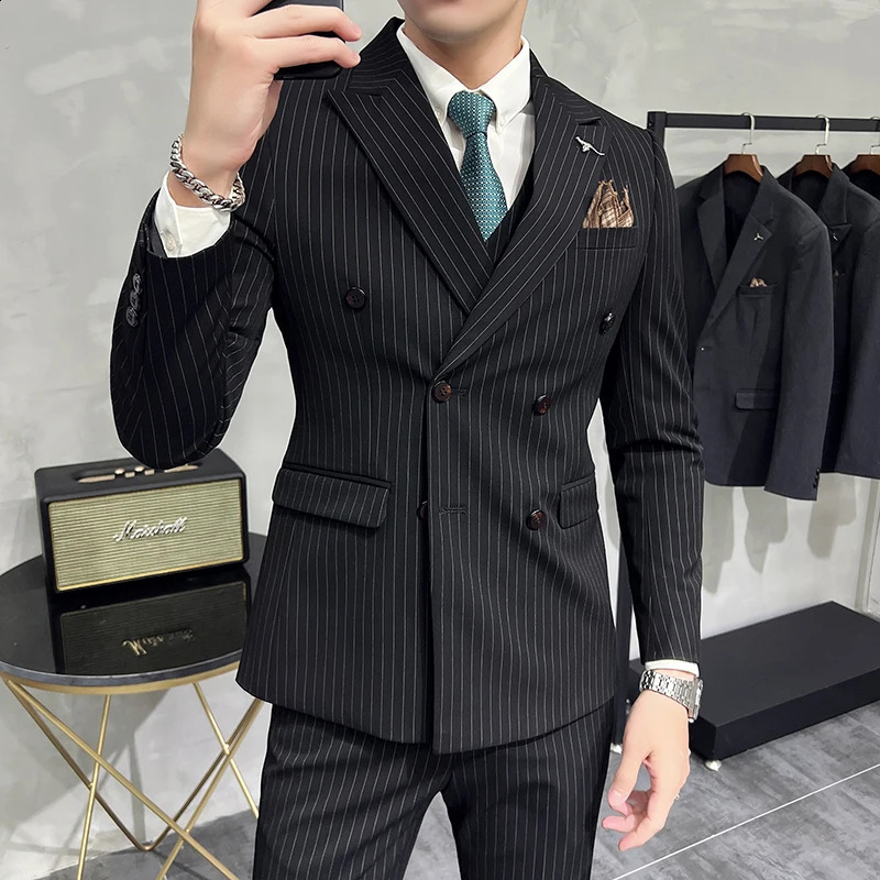 High quality striped set with double chest setvestmens fashionable solid color slim fit Korean style fashion three piece 250311