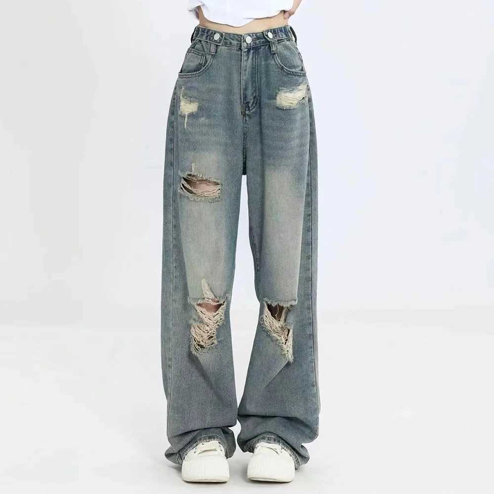 American retro perforated jeans womens high waisted straight crotch loose fit design high street Vibe wide leg drawstring pantsT250326