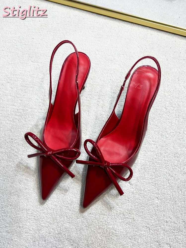 Sexy red dot toe pump knot shallow high H French slider - Me 2025 Wenfei dress shoes Y250319
