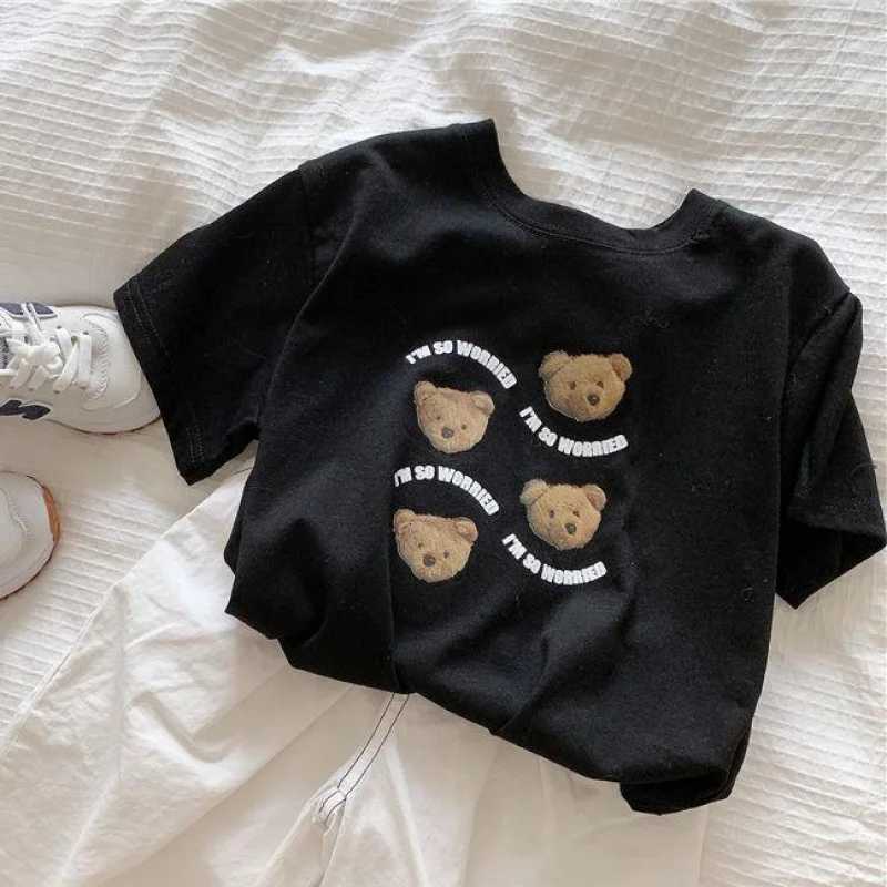 Children Summer Clothes Boy Girl Fashion Cute Cartoon Bear Short Sleeve T-Shirt Baby Letter Loose Tops Kiss Cotton Casual OutfitsT250320