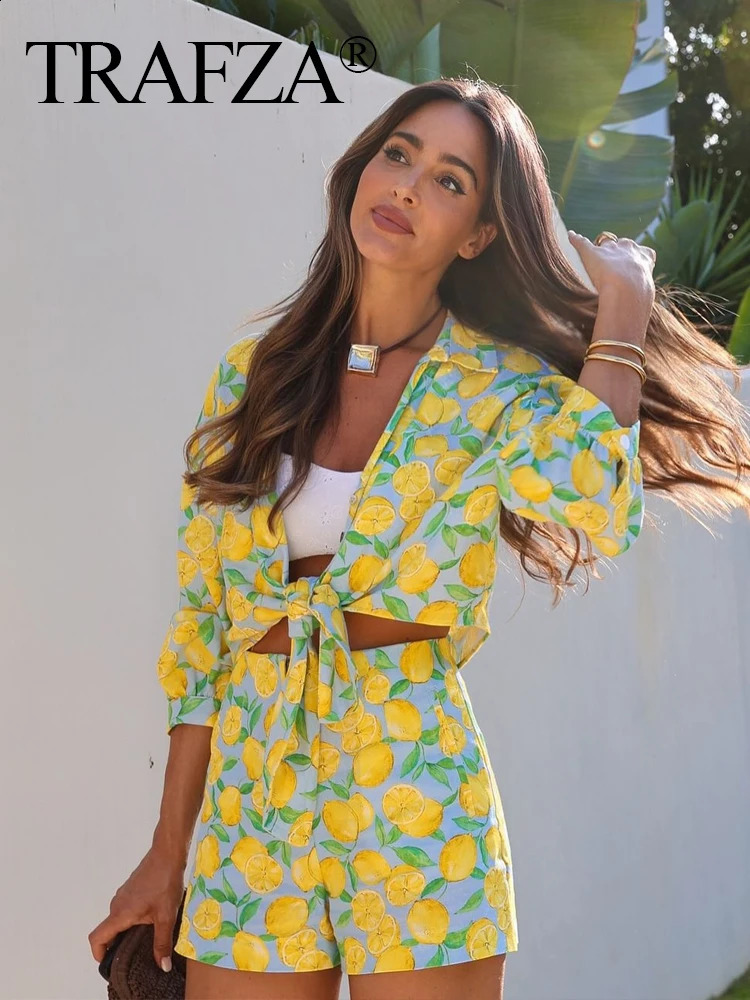 TRAFZA Women 2 Piece Set Summer Fruit Print Lace Up Shirt Casual Beach Short TopHigh Waist Zipper Side Pockets Slim Shorts TRAF 250319