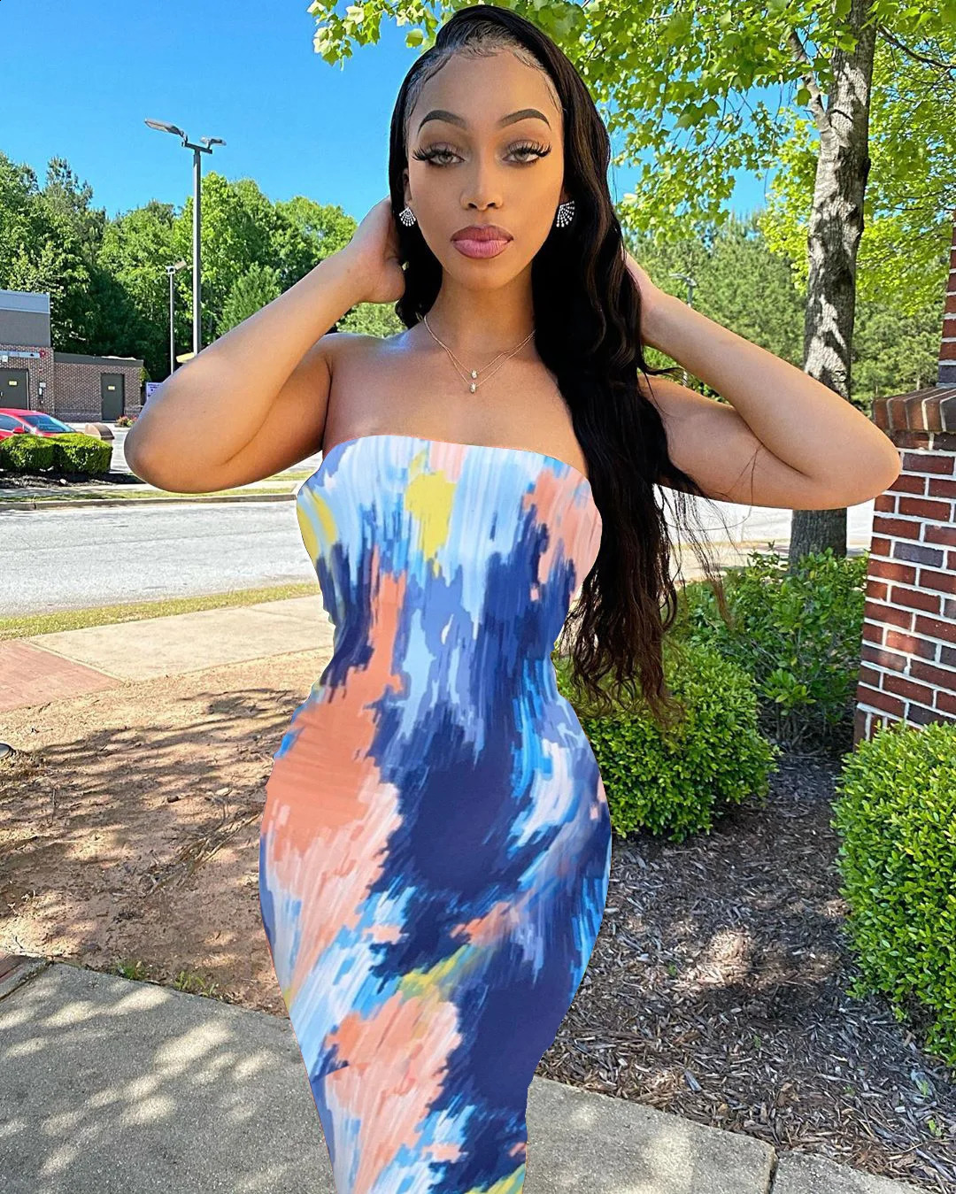Spring/Summer Womens Colorful Tie Dye Print Off Shoulder Wrapped Chest Dress 250319