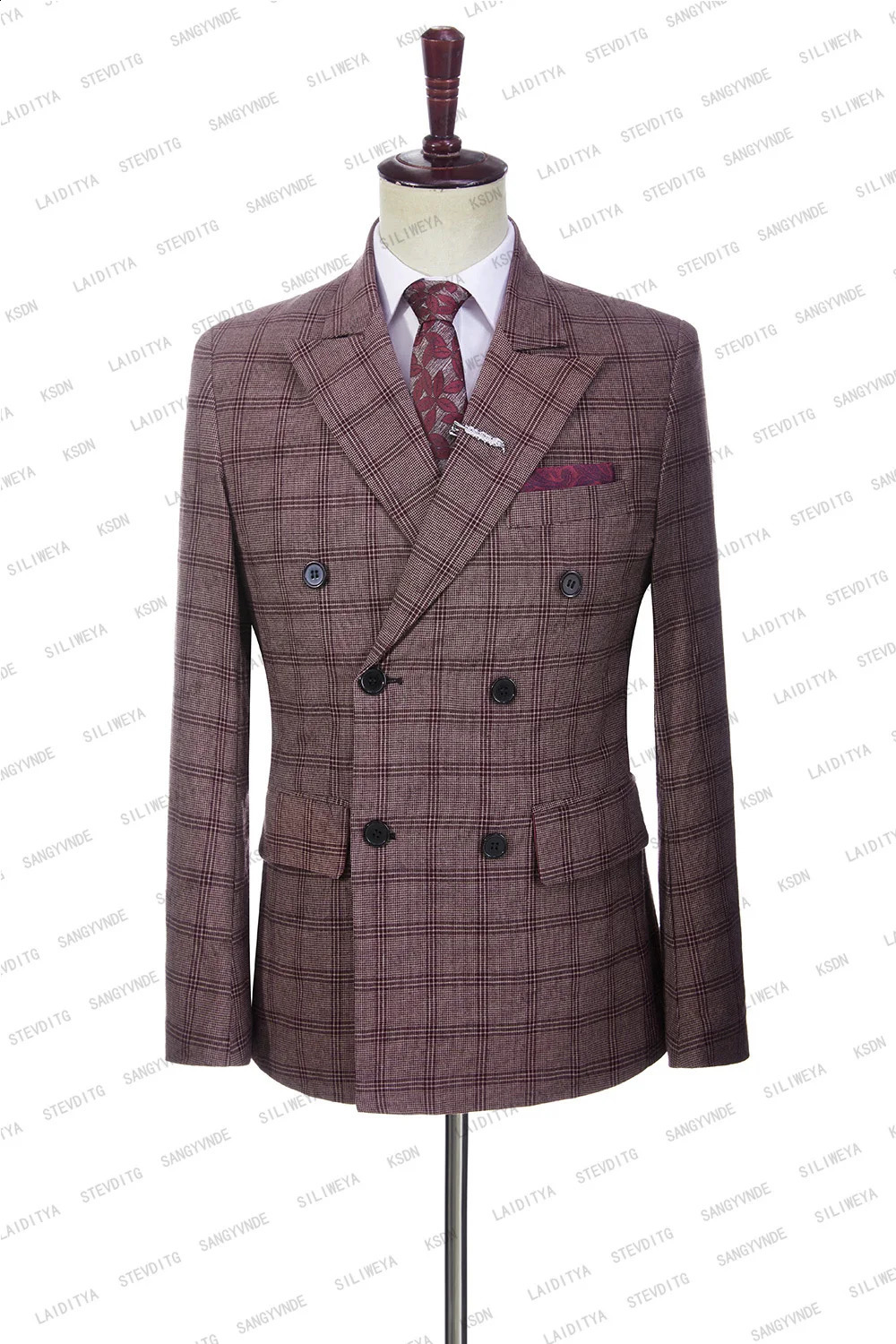 Mens Wedding Plaid Burgundy Blazers Jacket Pants Vest 3 Pcs Set 2025 Slim Fit Business Tuxedo Dress Classic Formal Suits Coat 250311