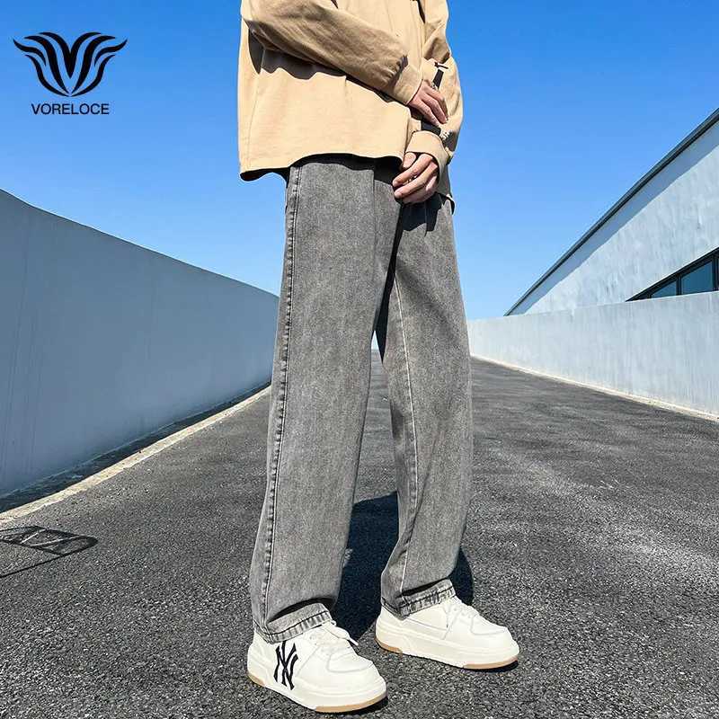 New Mens Denim Wide-leg Pants Korean Style Straight Loose Jeans Street Hip-hop Daily Casual Student Trousers Black Gray BlueT250319